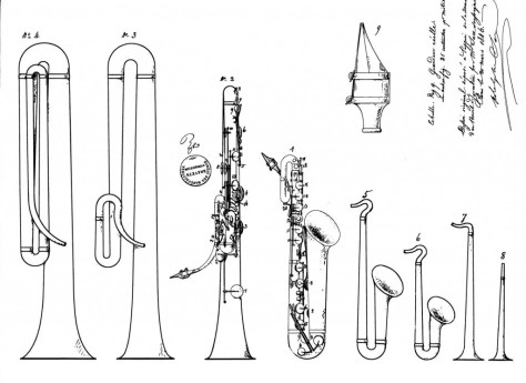 Adolphe Sax patent drawing from French patent #3226 (March 21, 1846) via Selmer.fr